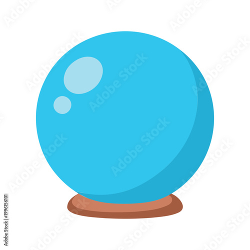 This is a cartoon depiction of a round, light blue crystal ball perched on a rounded, short brown pedestal, used for fortune telling.