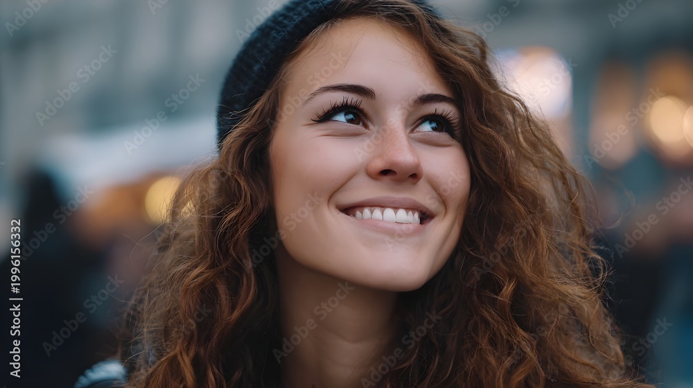 Fototapeta premium A genuine portrait of a young woman smiling while looking up in an urban natural light setting capturing a moment of pure joy and reflection