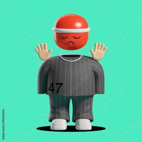 Sad robot character, 3D illustration, orange head, gray prisoner outfit, number 47