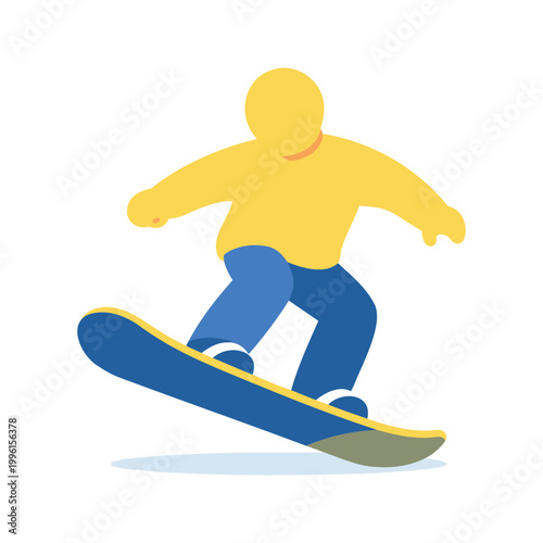 The faceless character snowboards while wearing a yellow sweater and blue pants in this flat illustration that evokes simplicity and winter sports.