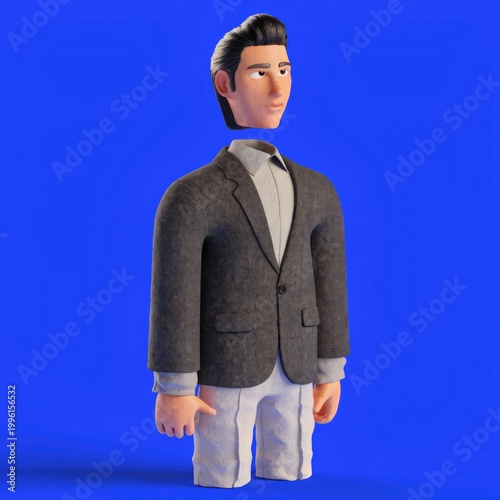 3D cartoon man, business casual outfit, gray blazer, blue background, illustration