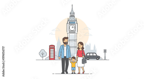 Illustration of a family of three standing in front of Big Ben and a red telephone booth in London with a sunny background.