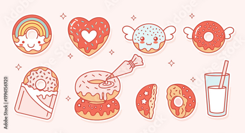 Cute cartoon donuts with various designs, including heart, rainbow, winged, and stacked, alongside milk and a piping bag, in a pastel color palette.