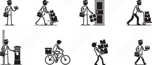 Postman and delivery courier stick figure icons depicting package handling mail delivery and transport for logistics and postal service branding