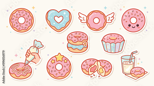 Cute cartoon donuts and sweet pastries with milk, hand decorating, and various toppings.