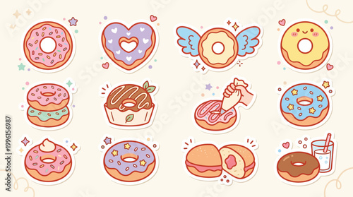 A collection of cute cartoon donuts and sweet pastries with various toppings and decorations, including heart-shaped, winged, and frosted designs.