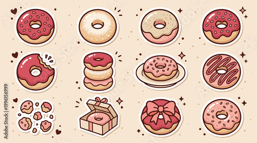 A collection of cute cartoon donuts with pink and light brown frosting, featuring various styles and presentations like individual, stacked, bitten, and boxed, with decorative hearts and sparkles.