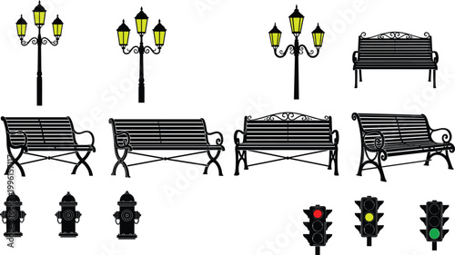 Street objects silhouette set, ornate lamps, park benches, fire hydrants, traffic lights, urban public space vector illustration design