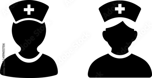 Nurse avatar icons set, black medical staff silhouettes, healthcare professional symbols for hospital signage and clinic web design, vector graphics