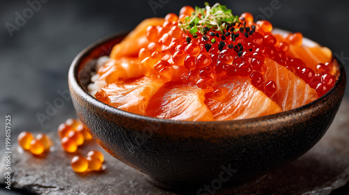 Bowl of japanese ikura salmon roe donburi with slices of salmon, rice bowl