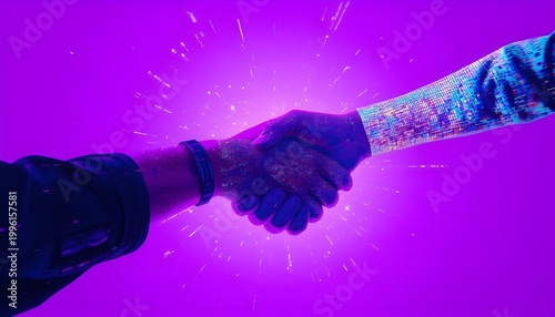 First Person Perspective of Digital Glitch Handshake in Neon Purple Environment