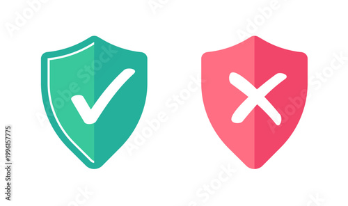 Shield security protected icon, unprotected vulnerability cross red safety guard sign symbol drawn doodle cartoon illustration set, rejected red and approved green safeguard guarantee clip art logo
