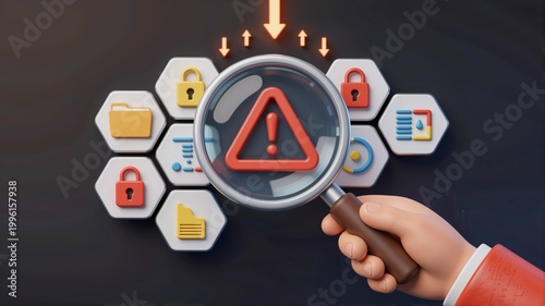 Magnifying Glass Over Alert Warning in 3D Cartoon Illustration Style