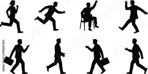 Tableau sur toile Businessman silhouettes, running, walking, office worker icons, 8 black vector g