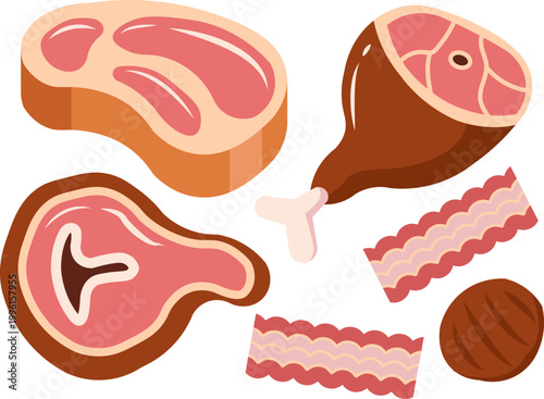 Set of Raw Fresh Meat Products with Beef Steak Ham Bone Bacon and Ribs Illustration