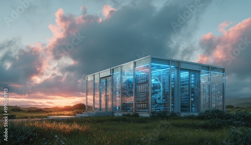 Futuristic glass building with glowing servers in a grassy field at sunset