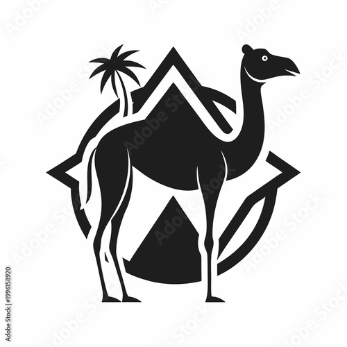 Black silhouette camel standing in front of mountain and palm tree, desert landscape icon