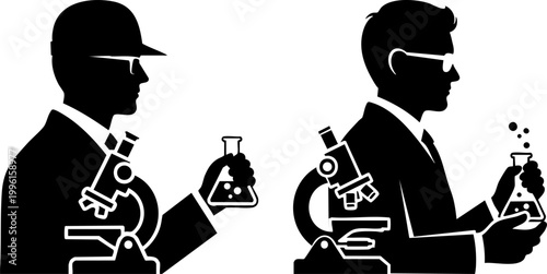 Scientist silhouette vector icons, laboratory researcher with microscope and chemical flask, professional engineer in hard hat and lab technician