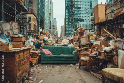 Urban Clutter Street Scene with Furniture and Debris.