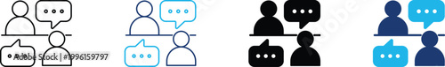 Social communication icon showing professional interactive collaboration and group project dialogue. Professional illustration for team brainstorming sessions, and business partnership networking.