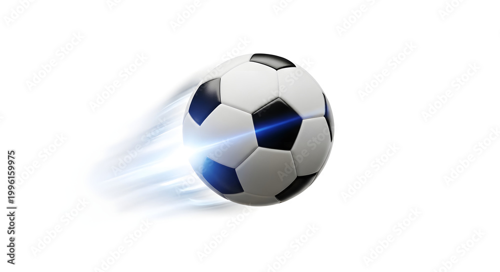 Naklejka premium A soccer ball is flying through the air with a bright light behind it