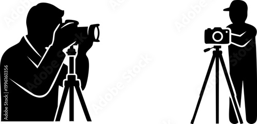Professional photographer silhouettes with cameras on tripods, black and white photography icons, videographer and cameraman vector set