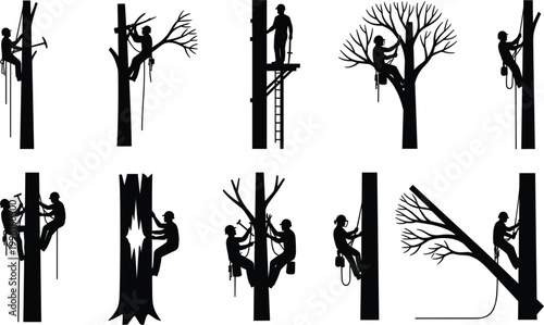 Professional Arborist and Tree Trimming Service Silhouette Set with Lumberjack Workers Climbing, Cutting Branches, and Performing Maintenance for Forestry and Landscaping Business