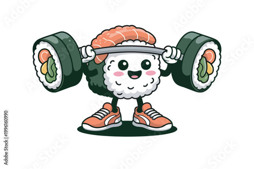 A cute sushi character lifting weights with sushi rolls on transparent background high-quality professional detailed modern elegant stylish clean crisp vibrant.