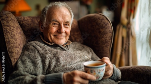 Elderly man smiles gently while holding a patterned tea cup in a comfortable armchair within a warm and inviting residential interior.