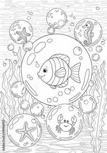 A charming black and white coloring page features a happy clownfish in a large central bubble, with a starfish, seahorse, and crab in smaller bubbles, perfect for kids.