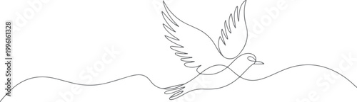 Black and white line of a bird in flight with flowing feathers line bird in flight beak