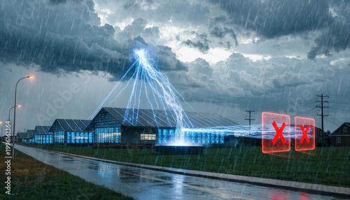 Solar Farm Struck by Lightning During Storm With Blue Energy Arcs and Power Outage Warning Icons