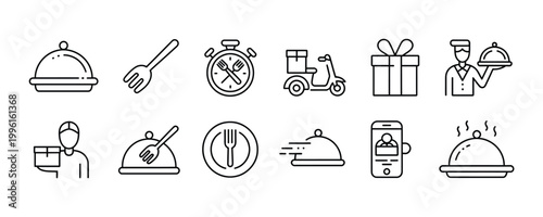 Food delivery icons including covered dishes and a scooter