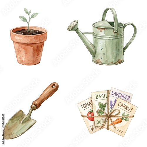 A watercolor arrangement displays garden elements that embody the essence of growth and nurture.