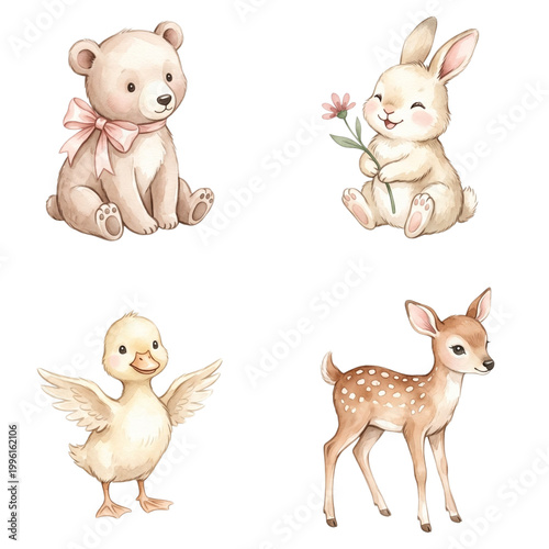 Whimsical watercolor illustrations of adorable baby animals evoke pure joy and innocence, perfect for children's designs and adding a touch of sweetness to any project.