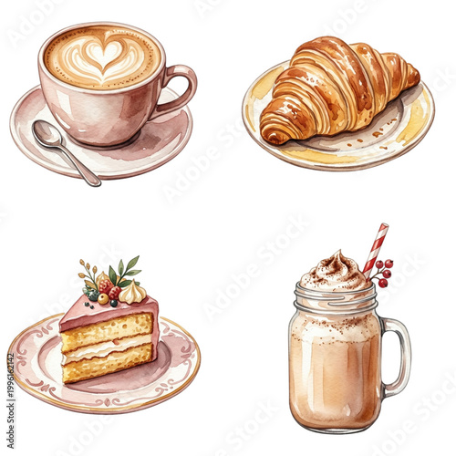 An artful watercolor illustration of breakfast items, including coffee, croissant, cake, and cappuccino with a heart design.