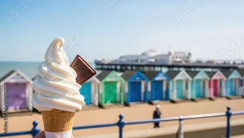 Soft serve ice cream with chocolate flake at Brighton beach with colorful huts