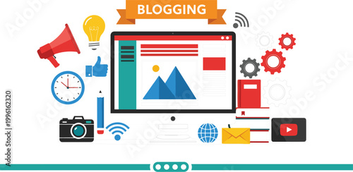 Blogging and Digital Content Creation Concept Illustration with Monitor Screen, Camera, Social Media Icons, and Marketing Tools for Online Journalism, Creative Writing, and Strategy Designs