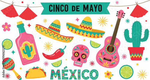 Colorful Cinco de Mayo Mexican Fiesta Set with Sombrero Guitar Skull Tequila Taco and Cactus Collection