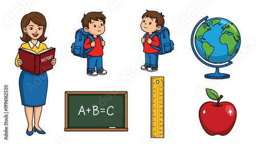 Educational icons students globe books and school supplies illustration