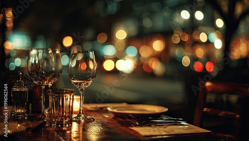 A candlelit table with wine glasses awaits patrons at a softly blurred, vibrant city restaurant
