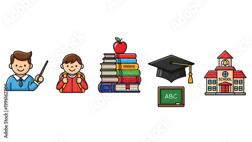Education icons teachers students books graduation cap and school building