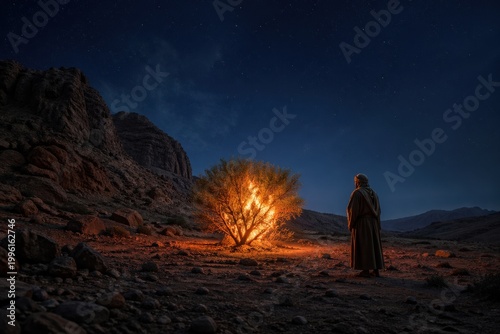 a solitary figure faces a blazing tree beneath the night sky at tuwa, a symbolic moses calling scene of revelation, holiness, awe, divine speech and sacred encounter