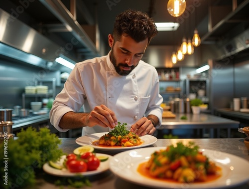 A Latino male chef carefully plates a vibrant vegetable dish in a professional, open-concept restaurant kitchen. Warm overhead spotlights highlight fresh ingredients, stainless steel counters, and org