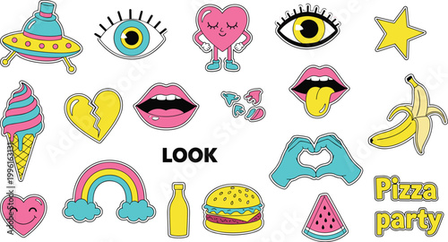 Retro Pop Art Y2K Sticker Set with Eye Lips Heart UFO Rainbow Ice Cream Burger and Typography Collection