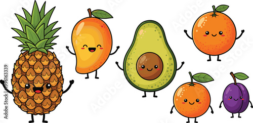 Cute Cartoon Smiling Tropical Fruit Characters Set with Pineapple Mango Avocado Orange and Plum Collection