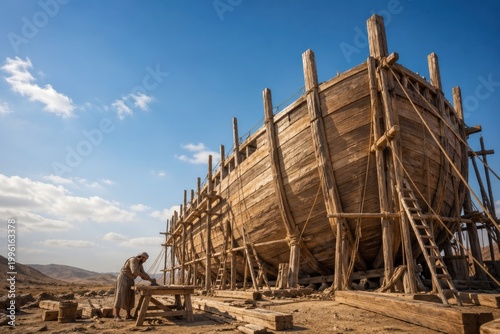 worker builds the great wooden ark in an arid landscape beneath clear sky, a powerful noah or nuh scene symbolizing obedience, preparation, divine warning and salvation