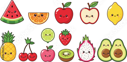 Cute Kawaii Smiling Tropical Fruit Set with Watermelon Apple Pineapple Strawberry Avocado and Dragon Fruit Collection