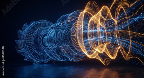 Abstract neon wireframe of a glowing industrial turbine engine with energy flow