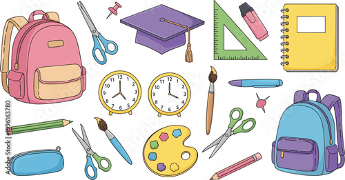 Colorful Back to School Supplies Set with Backpacks Graduation Cap Clock Palette Scissors and Stationery Collection